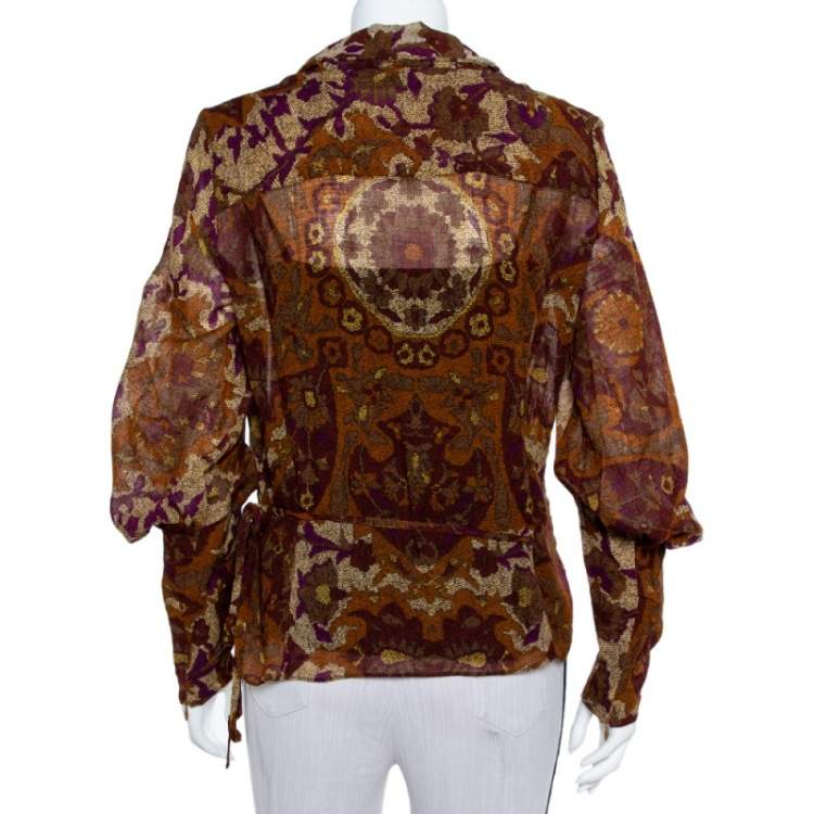 Pre Owned Kenzo Brown Abstract Printed Wool Front Tie Detail Light Weight Jacket L