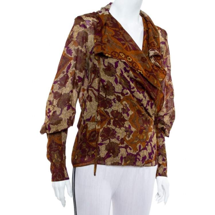 Pre Owned Kenzo Brown Abstract Printed Wool Front Tie Detail Light Weight Jacket L