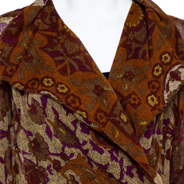 Pre Owned Kenzo Brown Abstract Printed Wool Front Tie Detail Light Weight Jacket L