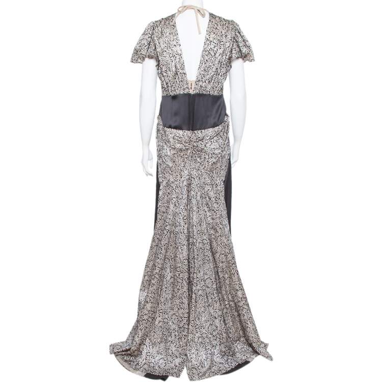 Pre Owned Kenzo Monochrome Silk Devore Paneled Detail Flared Maxi Dress L