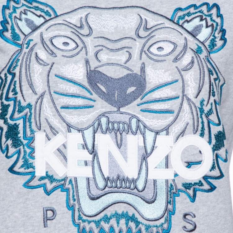 Pre Owned Kenzo Grey Tiger Motif Embroidered Cotton Sweatshirt M