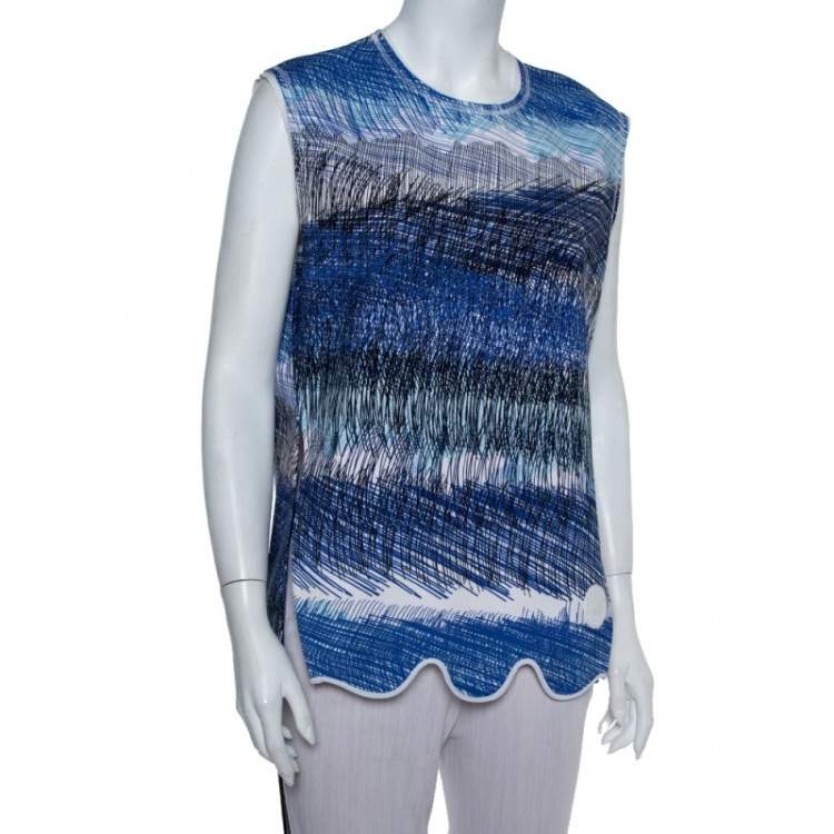 Pre Owned Kenzo Blue Neoprene Printed Sleeveless Oversized Top L