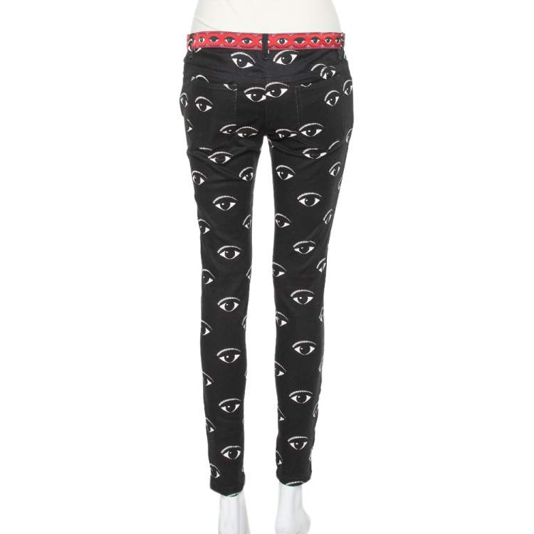Pre Owned Kenzo Black Lotus Eye Printed Denim Skinny Fit Jeans M
