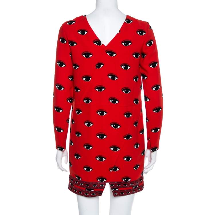 Pre Owned Kenzo Red Lotus Eye Printed Crepe Shift Dress S