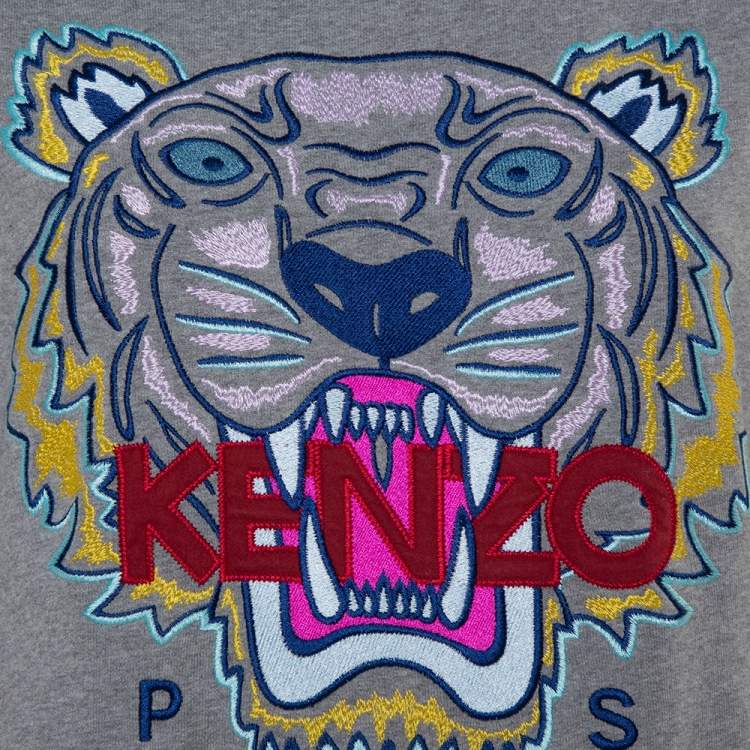 Pre Owned Kenzo Grey Tiger Motif Embroidered Cotton Crewneck Sweatshirt M