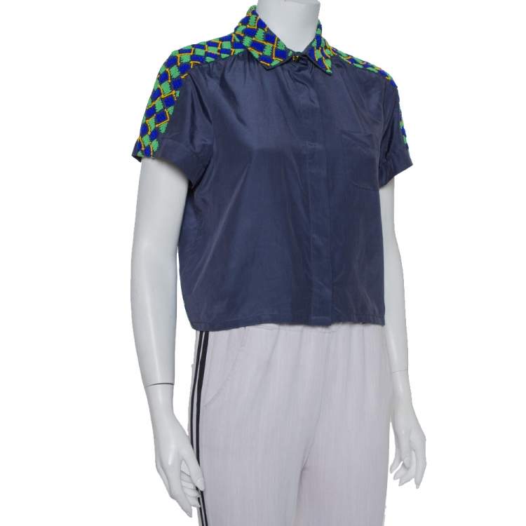 Pre Owned Kenzo Dark Grey Cotton & Silk Bead Embellished Button Front Crop Top S