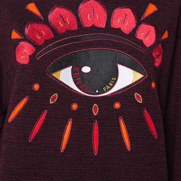 Pre Owned Kenzo Burgundy Wool Eye Embroidered Sweater Dress M