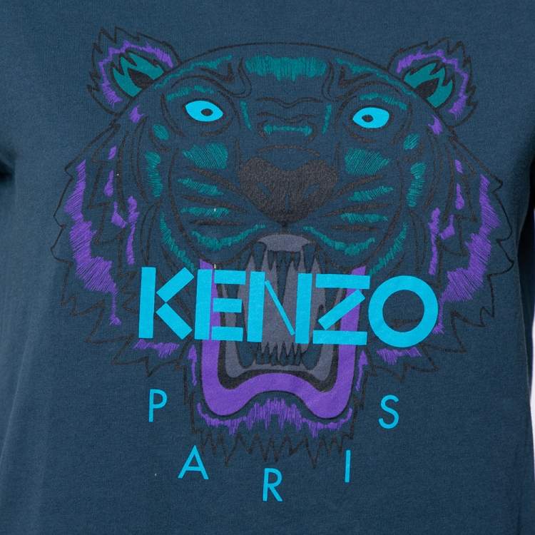Pre Owned Kenzo Teal Green Tiger Printed Cotton Crewneck T-Shirt M