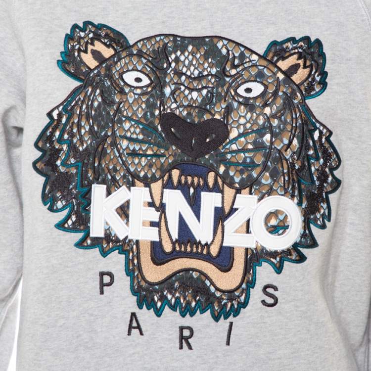Pre Owned Kenzo Grey Tiger Motif Embroidered Cotton Crewneck Sweatshirt S