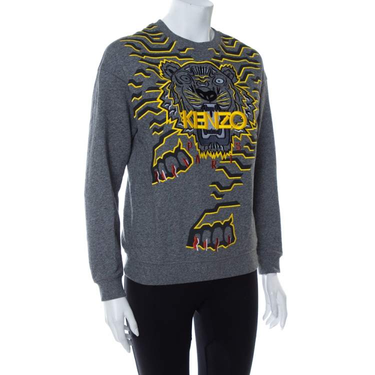 Pre Owned Kenzo Grey Tiger Motif Embroidered Cotton Sweatshirt S