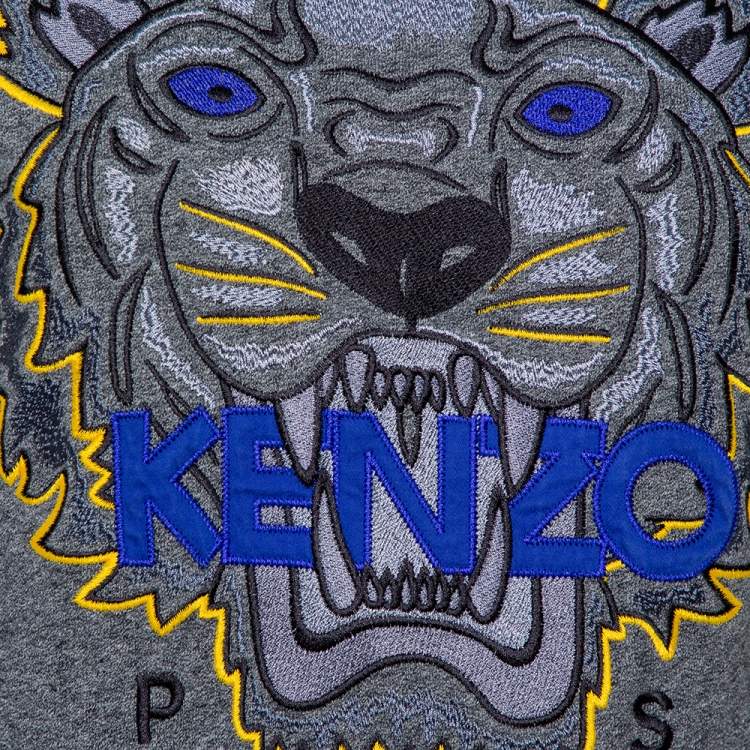 مملوكة مسبقًا Kenzo Grey Cotton Tiger Embroidered Crewneck Sweater S