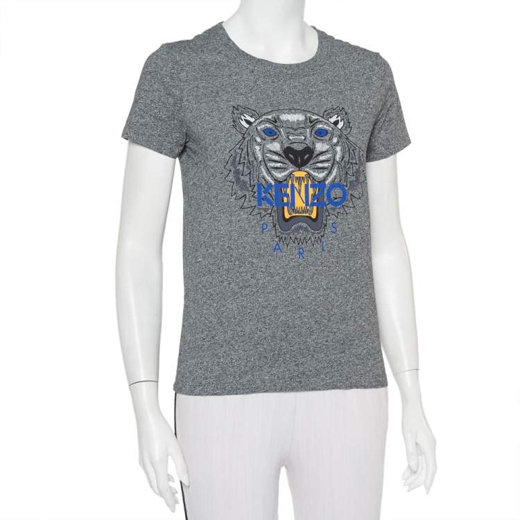 Pre Owned Kenzo Grey Cotton Tiger Printed Crewneck T-Shirt S
