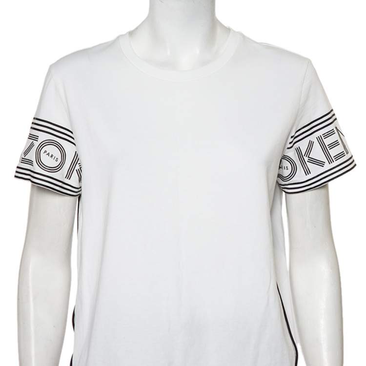 Pre Owned Kenzo White Cotton Logo Printed Sleeve Crewneck T-Shirt M