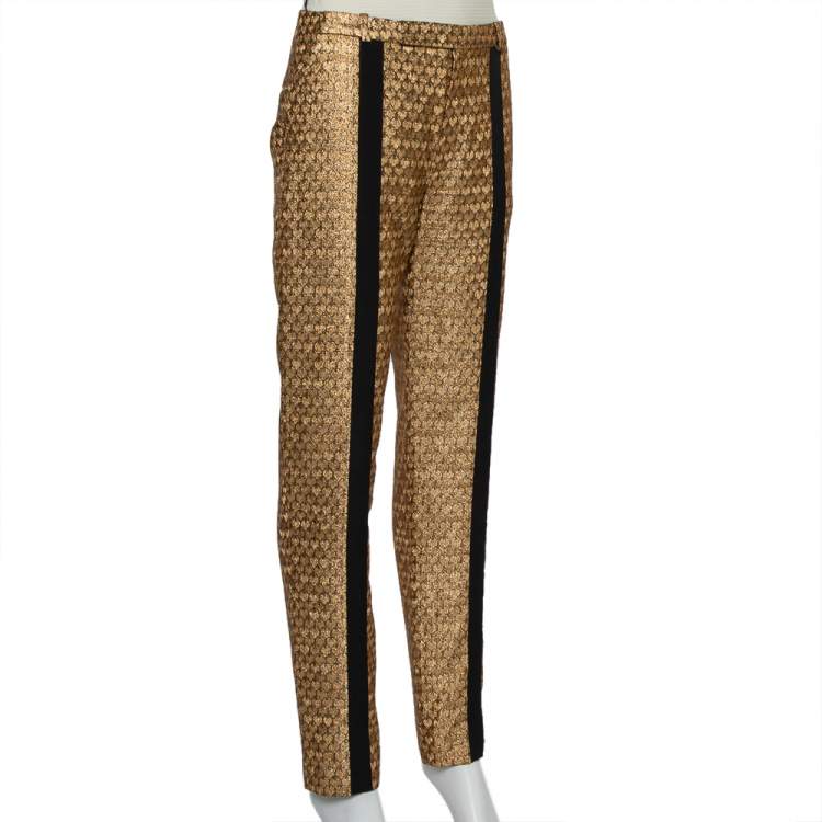 Kenzo Gold Brocade Contrast Trim Detail Tapered Leg Trousers S