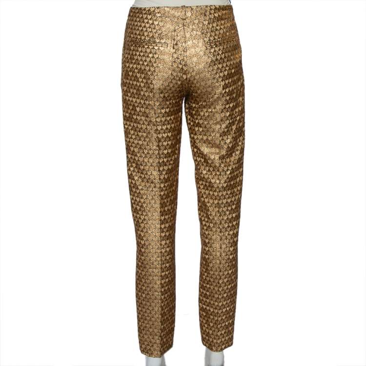 Pre Owned Kenzo Gold Brocade Contrast Trim Detail Tapered Leg Trousers S