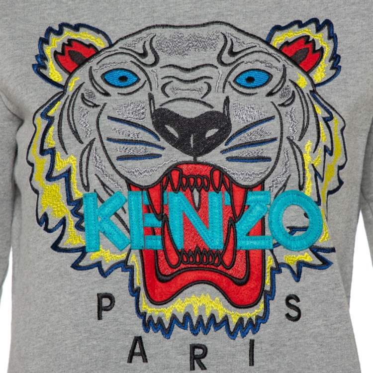 Pre Owned Kenzo Grey Tiger Logo Embroidered Cotton Crewneck Sweatshirt M