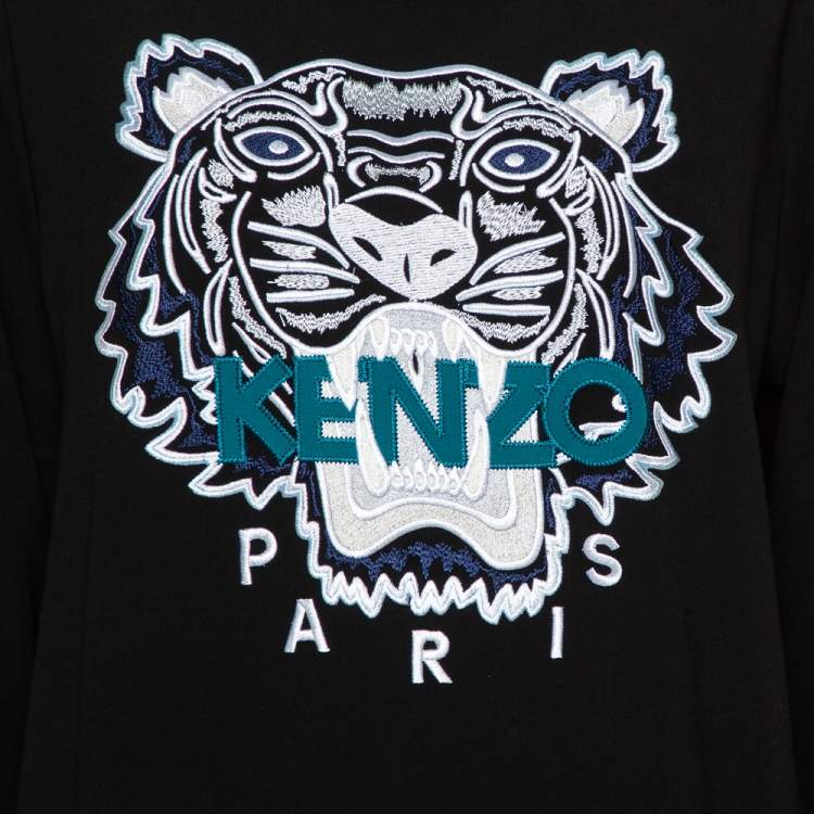مملوكة مسبقًا Kenzo Black Crepe Tiger Logo Embroidered Contrast Detail Crewneck Sweatshirt L
