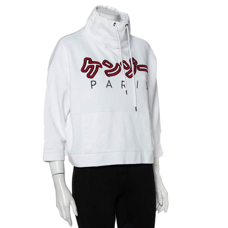 Pre Owned Kenzo White Cotton Embroidered Drawstring Detail Oversized Sweatshirt M