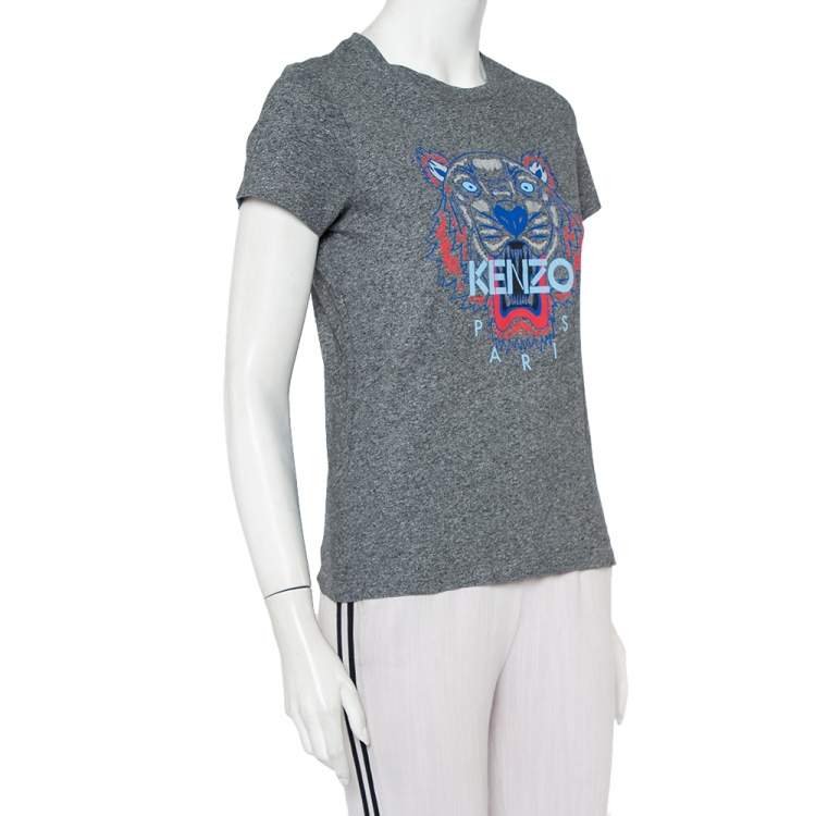 Pre Owned Kenzo Grey Tiger Printed Cotton Crewneck T-Shirt S