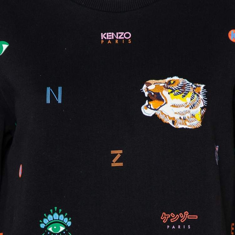 Pre Owned Kenzo Black Logo Tiger Printed Cotton Embroidery Detail Crewneck Sweater Dress M
