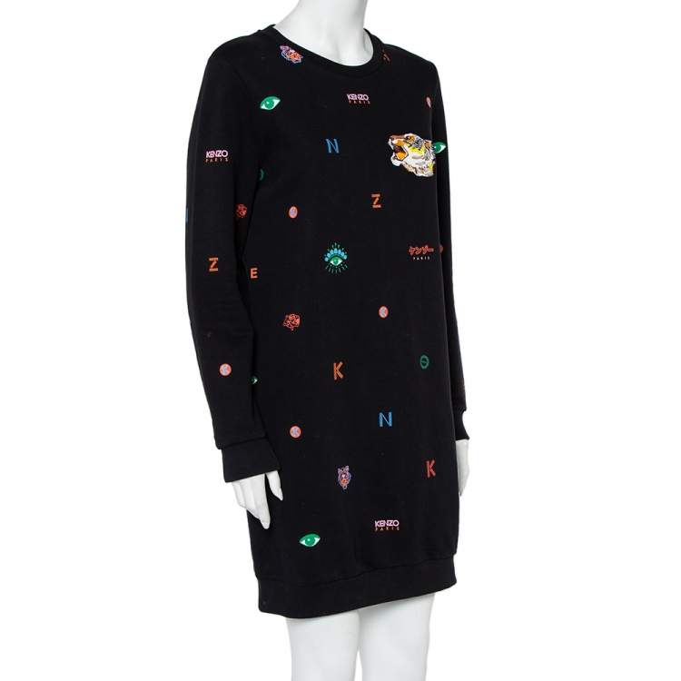 Pre Owned Kenzo Black Logo Tiger Printed Cotton Embroidery Detail Crewneck Sweater Dress M