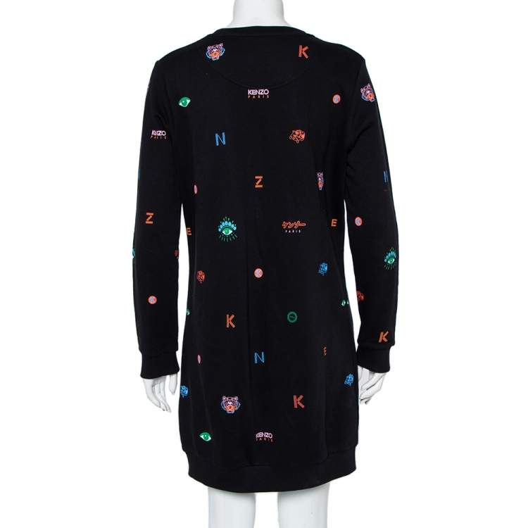 Pre Owned Kenzo Black Logo Tiger Printed Cotton Embroidery Detail Crewneck Sweater Dress M