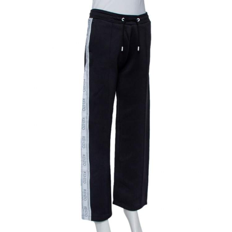 Pre Owned Kenzo Black Neoprene Logo Tape Detail Wide Leg Track Pants XS