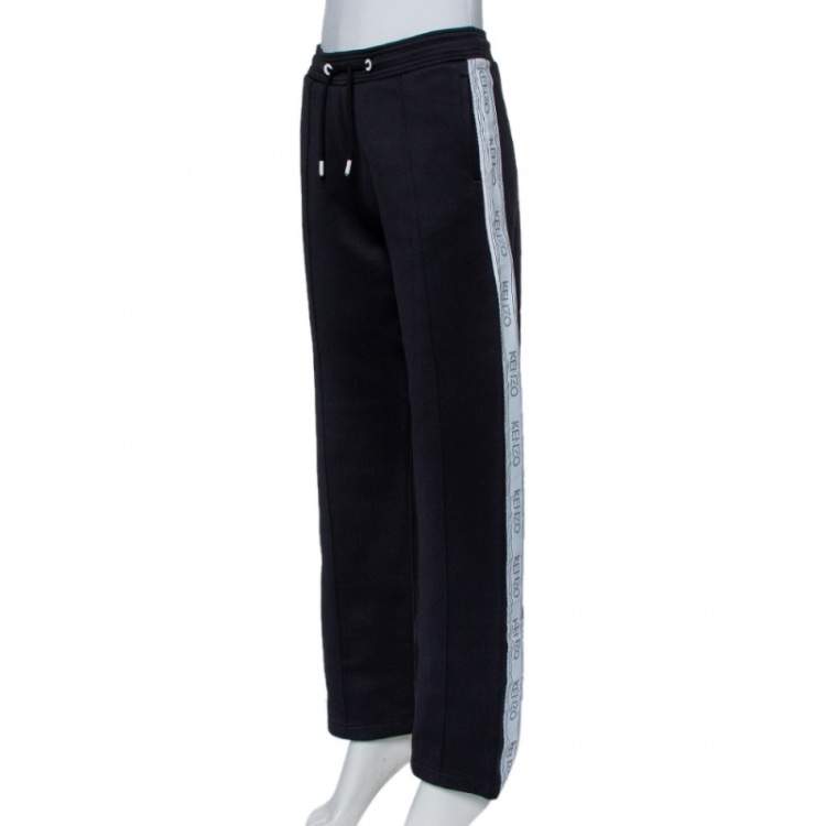 Pre Owned Kenzo Black Neoprene Logo Tape Detail Wide Leg Track Pants XS