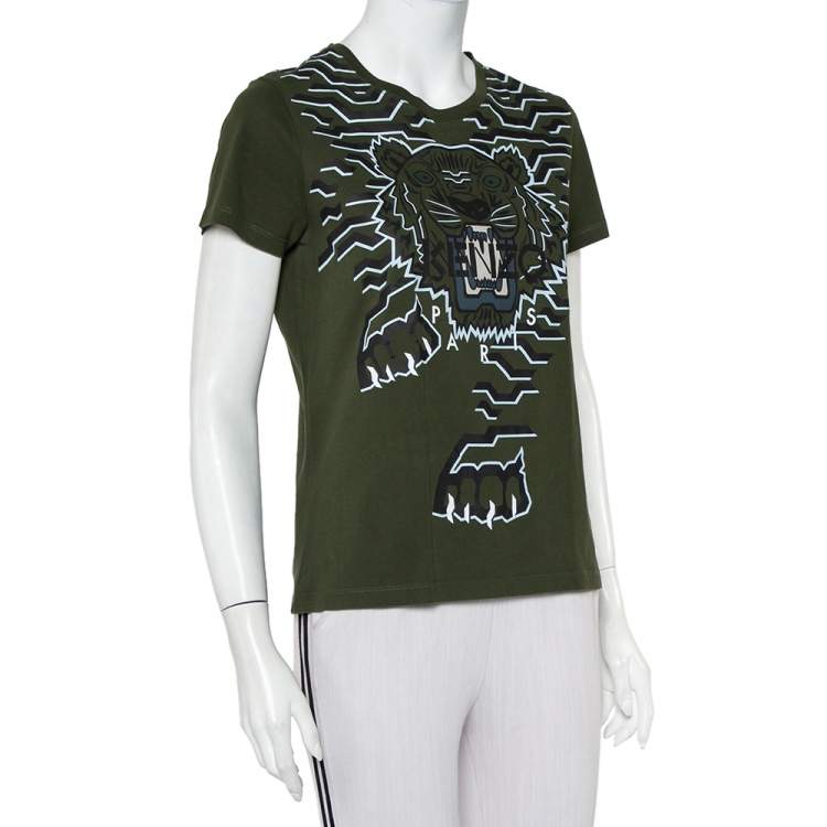 Pre Owned Kenzo Green Geo Tiger Printed Cotton Crewneck T-Shirt S