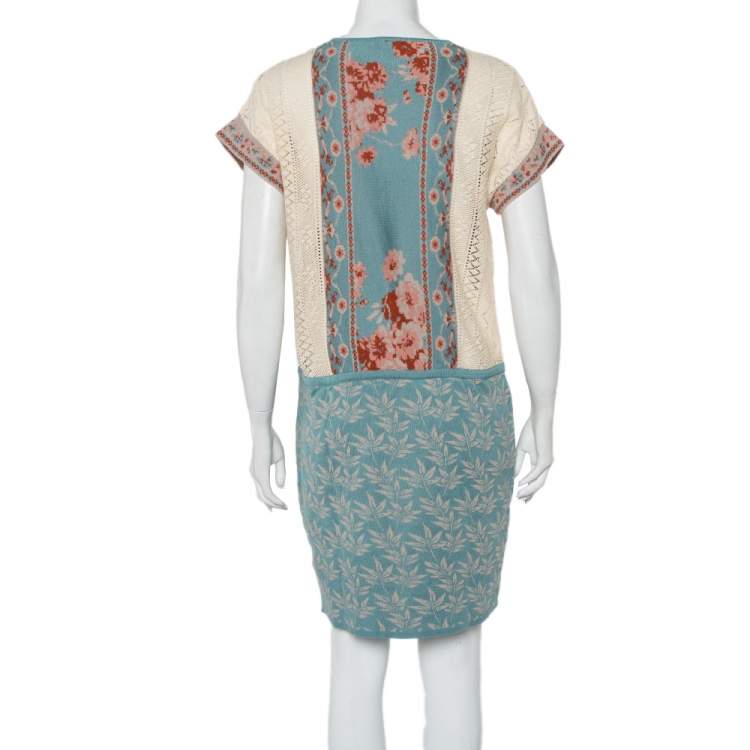 Pre Owned Kenzo Blue Floral Jacquard Knit & Pointelle Paneled Oversized Dress S
