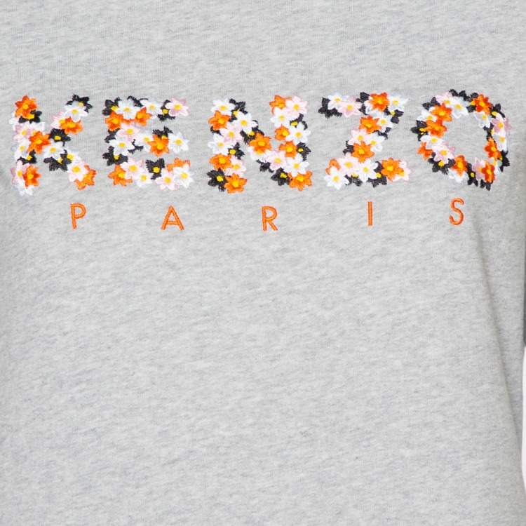 Pre Owned Kenzo Grey Floral Logo Embroidered Cotton Crewneck Sweatshirt S