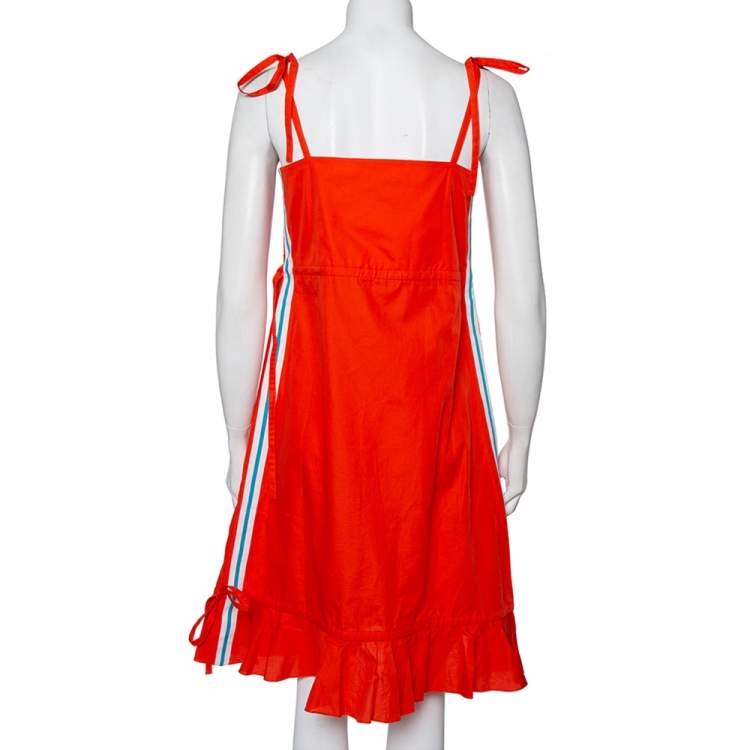Pre Owned Kenzo Orange Cotton Striped Trim Tie Detail Ruffled Dress M
