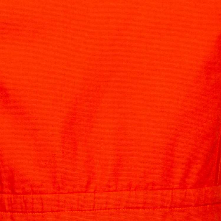 Pre Owned Kenzo Orange Cotton Striped Trim Tie Detail Ruffled Dress M