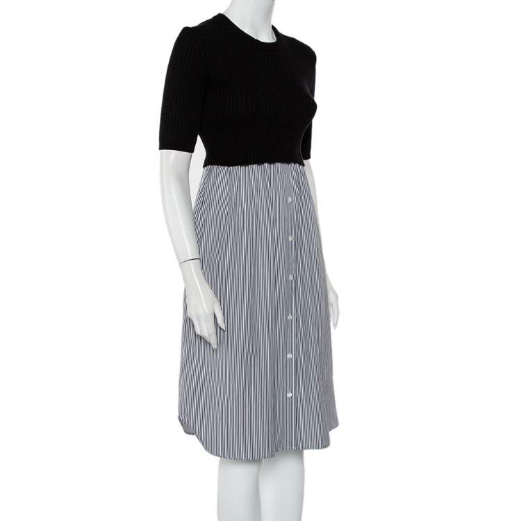 Pre Owned Kenzo Black Knit & Striped Cotton Paneled Midi Dress S