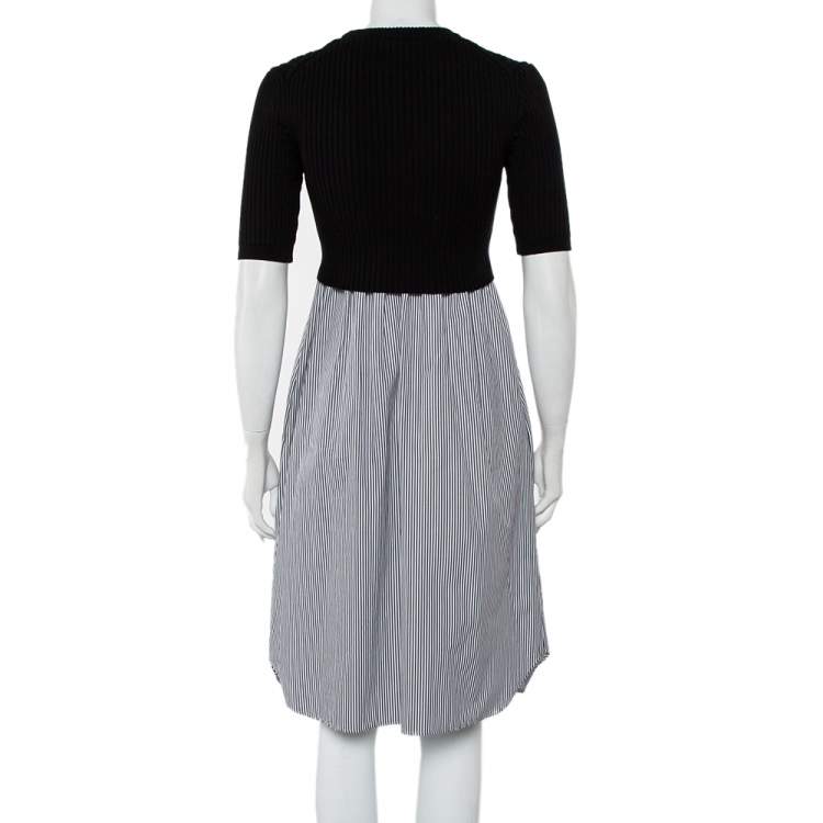 Pre Owned Kenzo Black Knit & Striped Cotton Paneled Midi Dress S