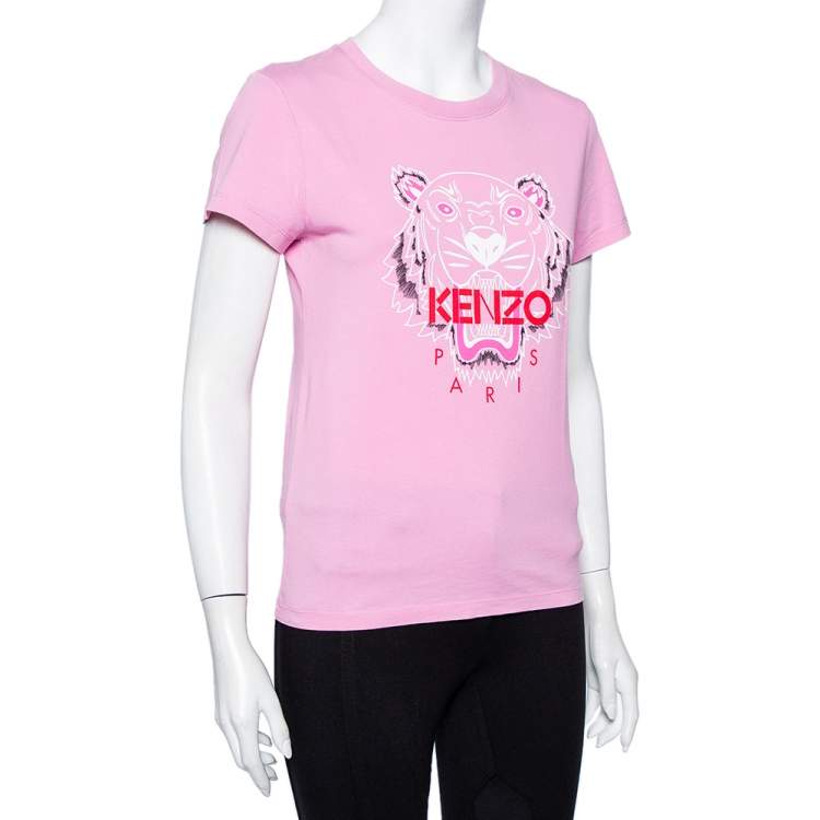Pre Owned Kenzo Pink Bleached Tiger Printed Cotton Crewneck T-Shirt M