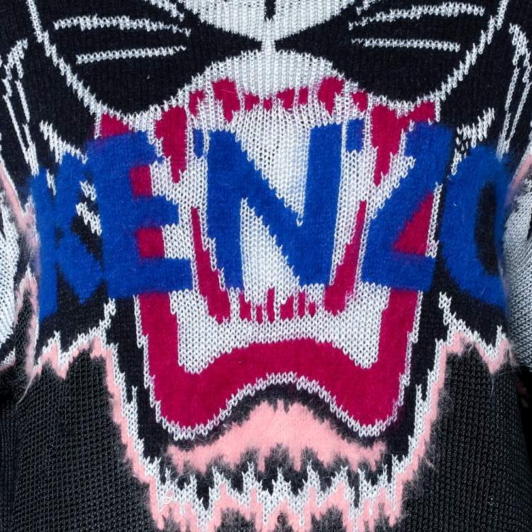 Pre Owned Kenzo Black Tiger Motif Jacquard Knit Oversized Sweater M