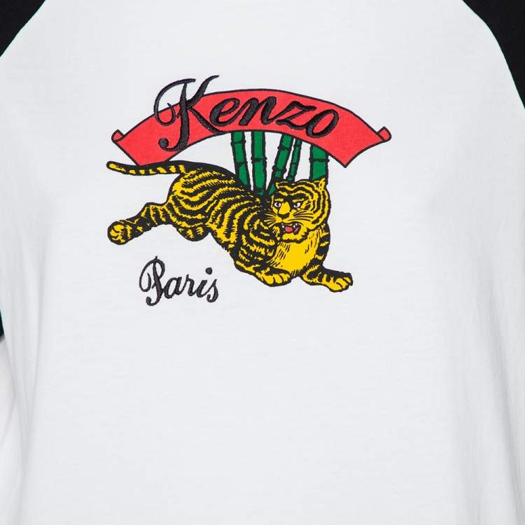Pre Owned Kenzo White Cotton Contrast Sleeve Momento Tiger Printed T-Shirt L