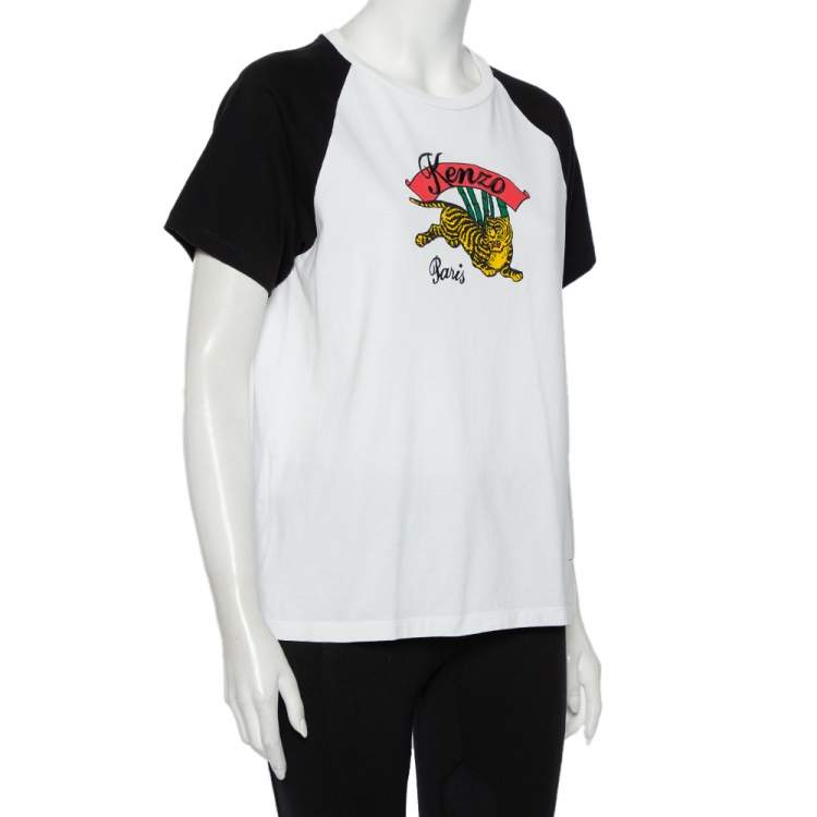 Pre Owned Kenzo White Cotton Contrast Sleeve Momento Tiger Printed T-Shirt L