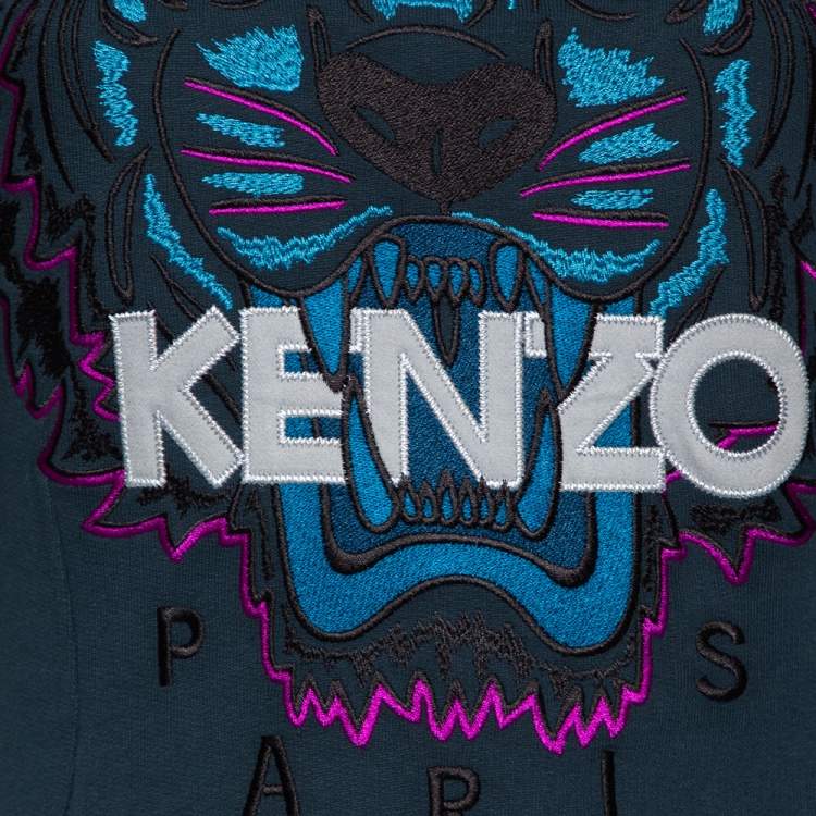 Pre Owned Kenzo Teal Tiger Embroidered Cotton Sweater Dress S