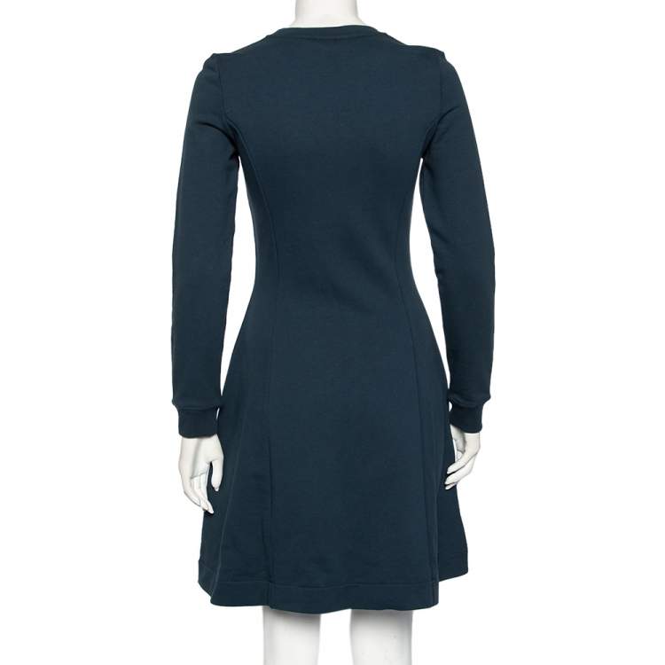 Pre Owned Kenzo Teal Tiger Embroidered Cotton Sweater Dress S