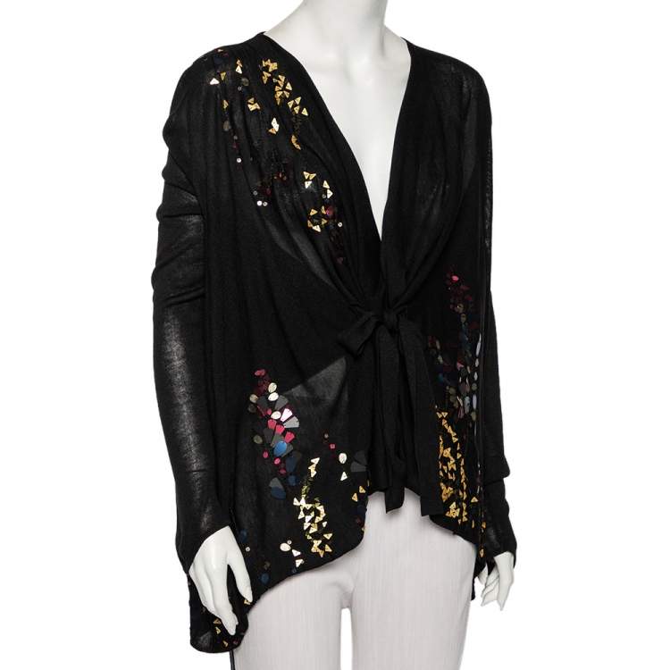 Pre Owned Kenzo Back Embellished Silk Knit Waterfall Collar Belted Cardigan S