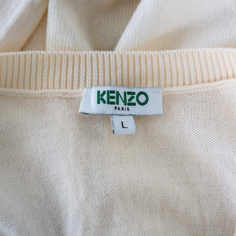 Pre Owned Kenzo Cream Knit Inlaid Logo Crewneck Sweater L 
