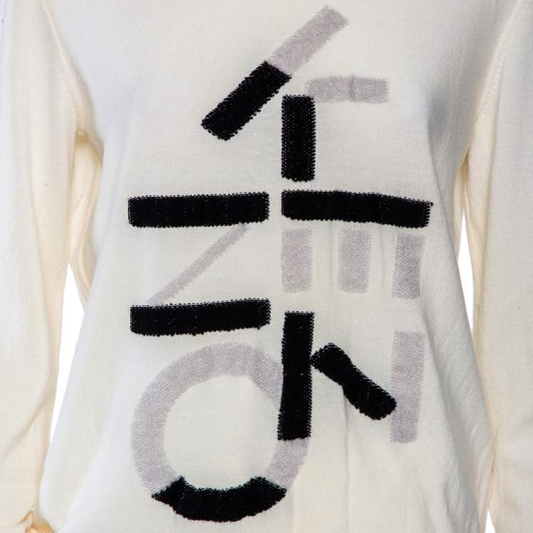 Pre Owned Kenzo Cream Knit Inlaid Logo Crewneck Sweater L 