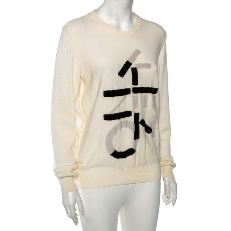 Pre Owned Kenzo Cream Knit Inlaid Logo Crewneck Sweater L 