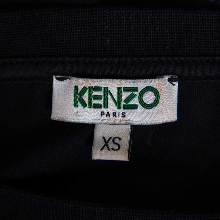Pre Owned Kenzo Black Cotton Embroidered Tiger Detail Multi Logo T-Shirt XS