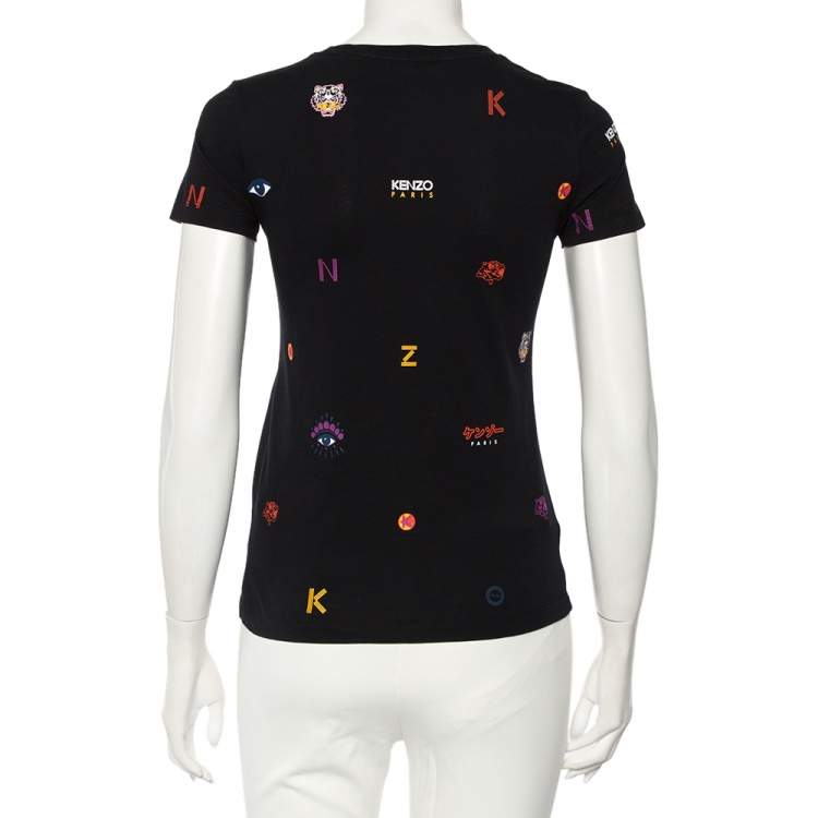 Pre Owned Kenzo Black Cotton Embroidered Tiger Detail Multi Logo T-Shirt XS