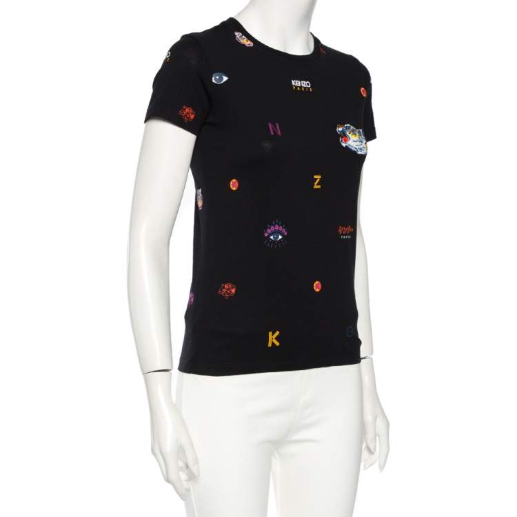 Pre Owned Kenzo Black Cotton Embroidered Tiger Detail Multi Logo T-Shirt XS