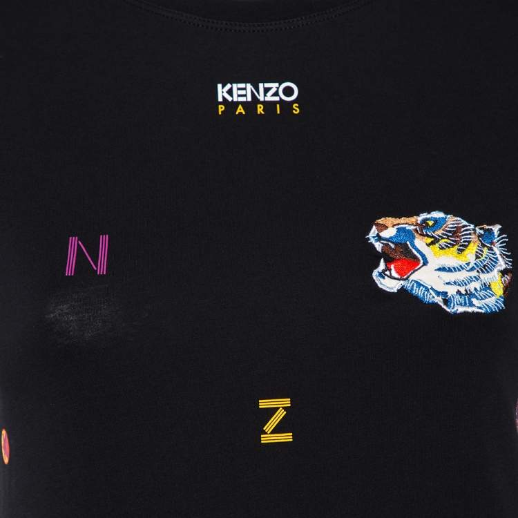 Pre Owned Kenzo Black Cotton Embroidered Tiger Detail Multi Logo T-Shirt XS