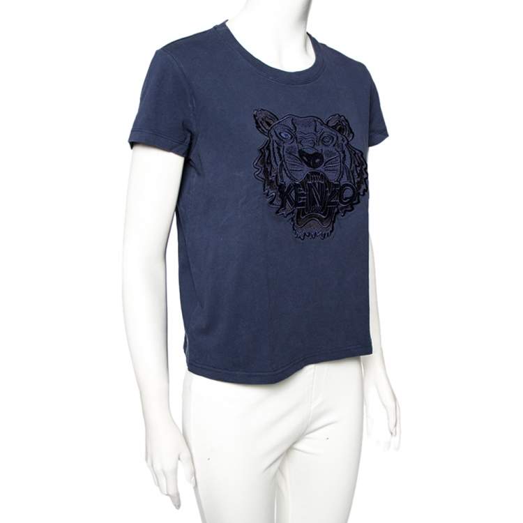 Pre Owned Kenzo Blue Cotton Tiger Embroidered Detail Round Neck T-Shirt S